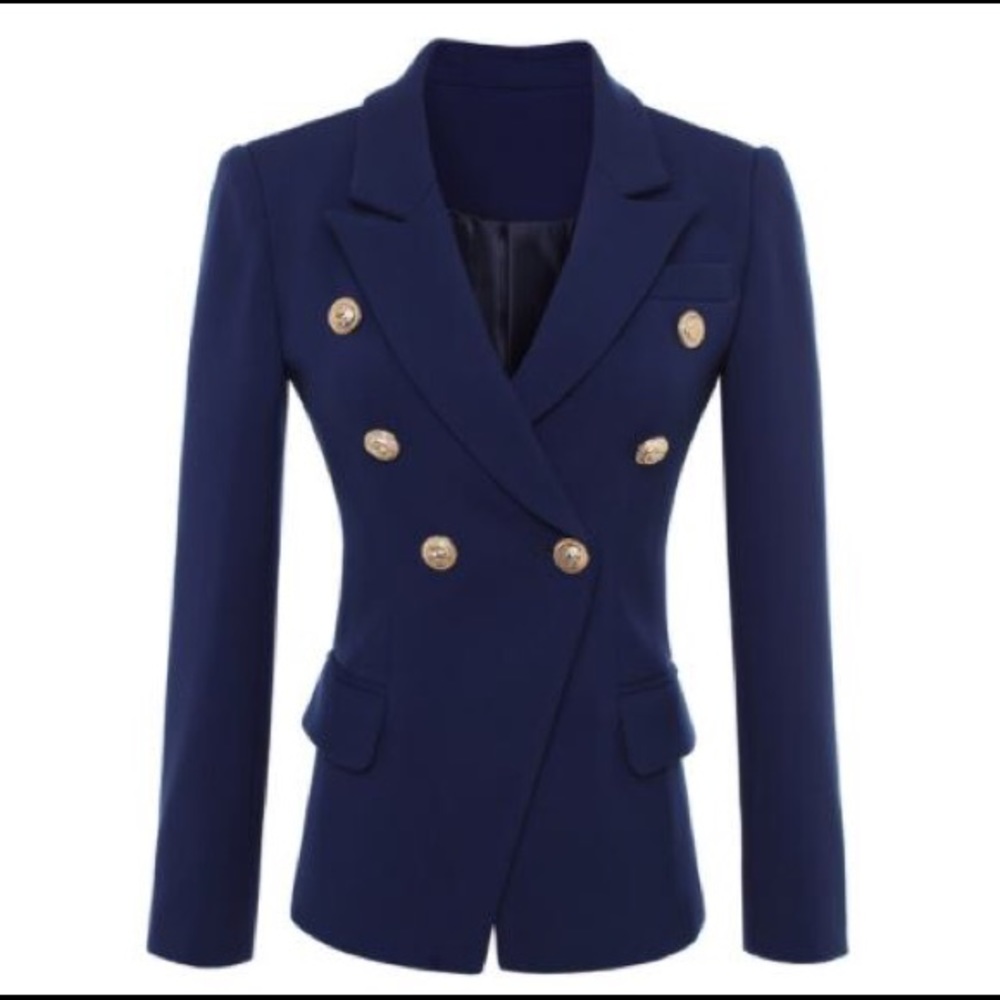 Tailored double breasted navy blazer.